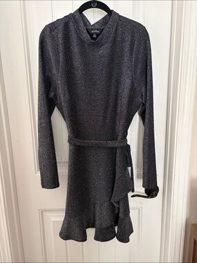 Sparkle Knit Long-Sleeve Wrap Belted Dress - Metallic Charcoal. WORN 1 time